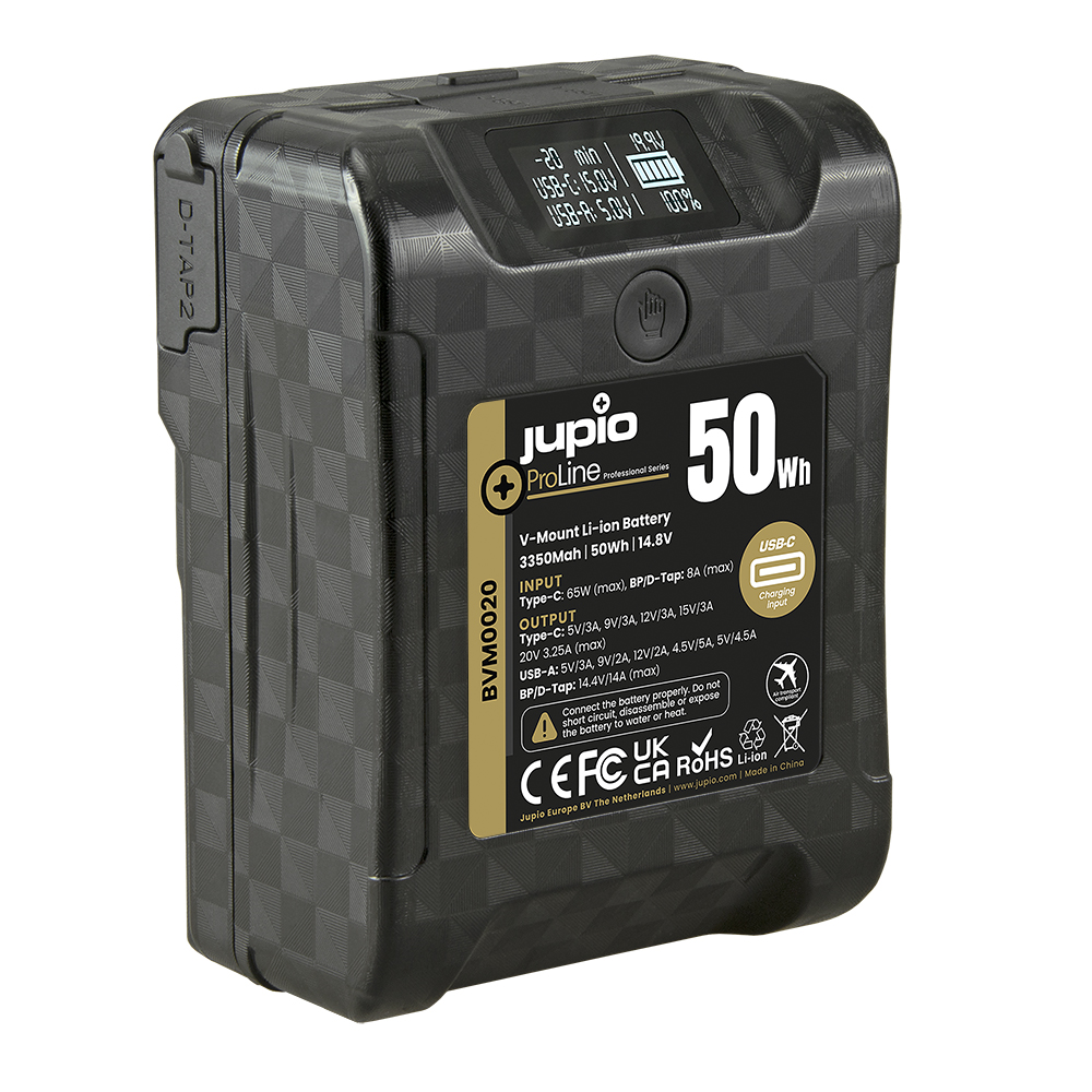 Jupio *ProLine* Extreme 50 V-Mount battery 3350mAh (50Wh) - LCD Display, USB-C PD 65W in/output, D-Tap in/output and USB-A output