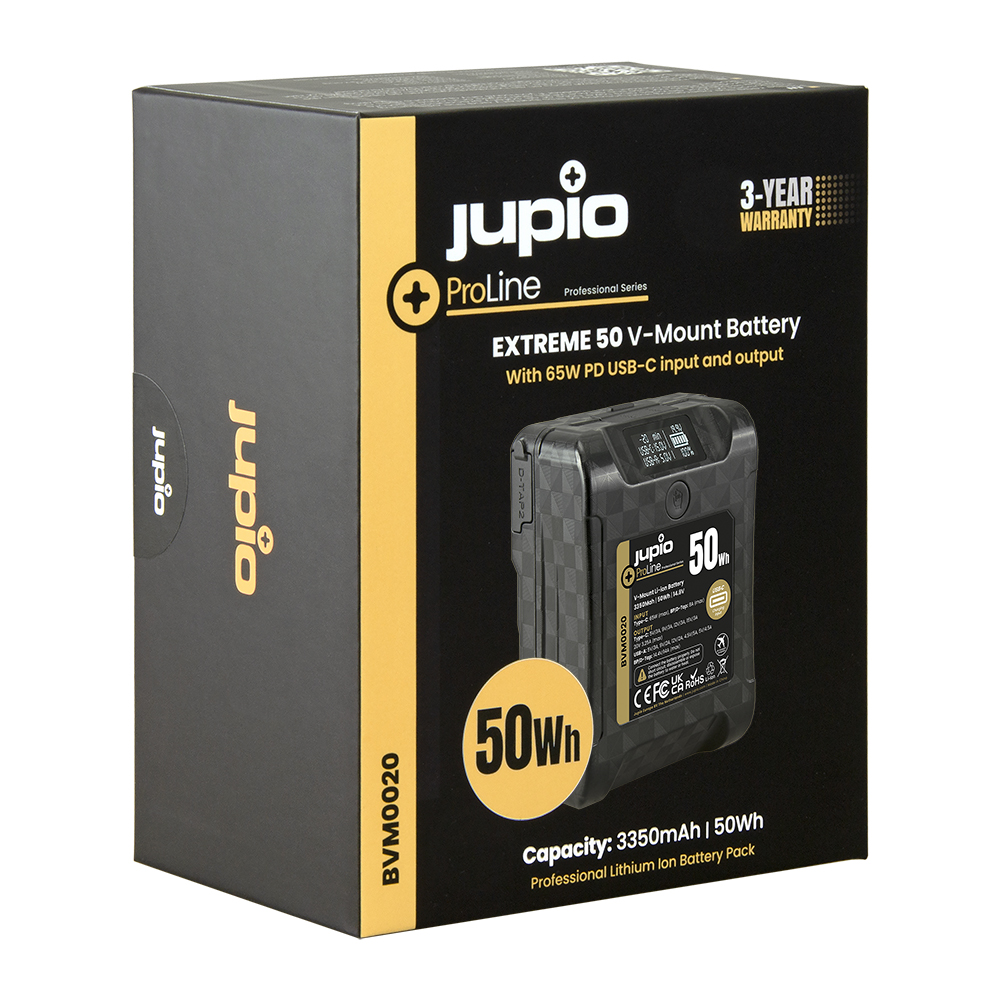 Jupio *ProLine* Extreme 50 V-Mount battery 3350mAh (50Wh) - LCD Display, USB-C PD 65W in/output, D-Tap in/output and USB-A output