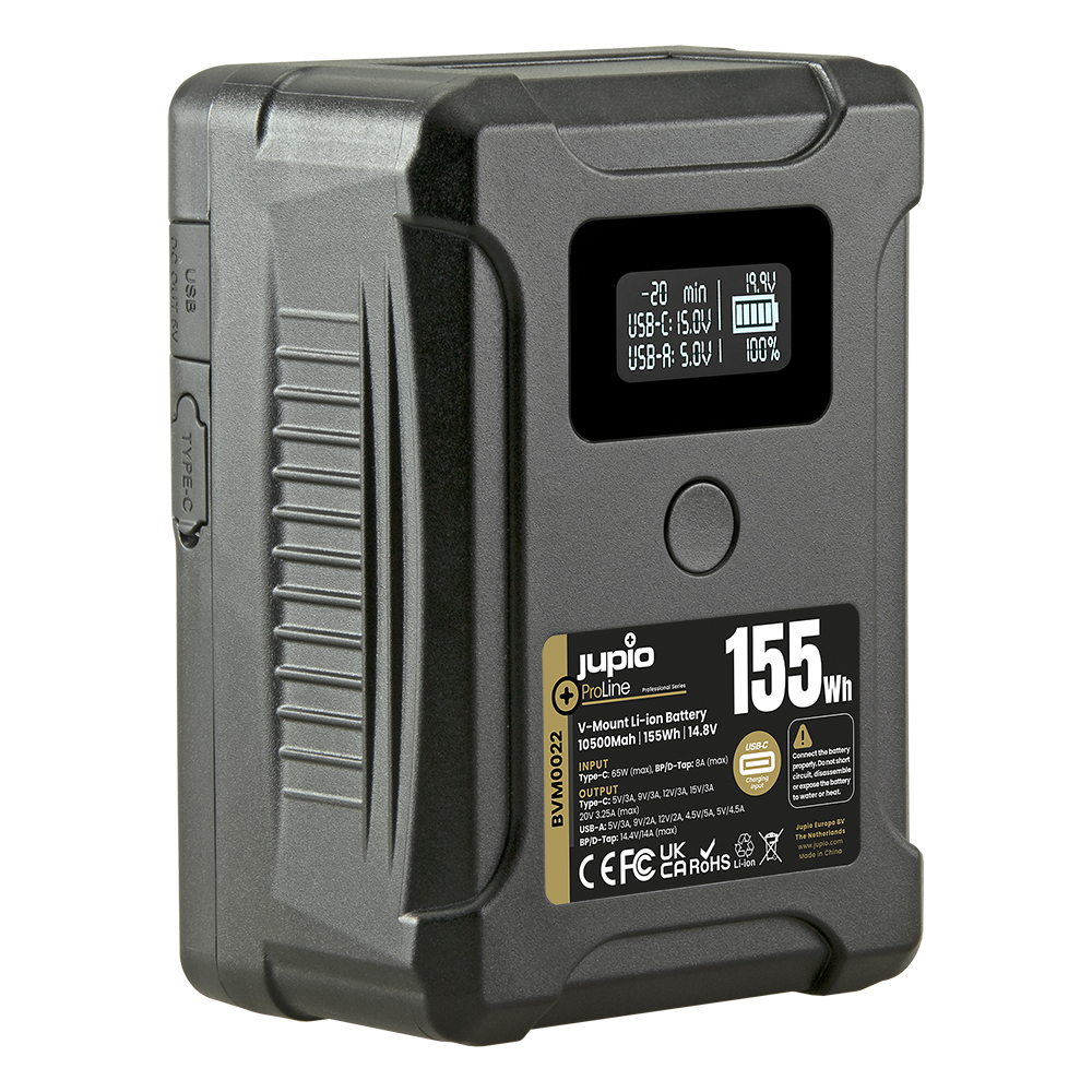 Jupio *ProLine* Extreme 155 V-Mount battery 10500mAh (155Wh) - LCD Display, USB-C PD 65W in/output, D-Tap in/output and USB-A output.