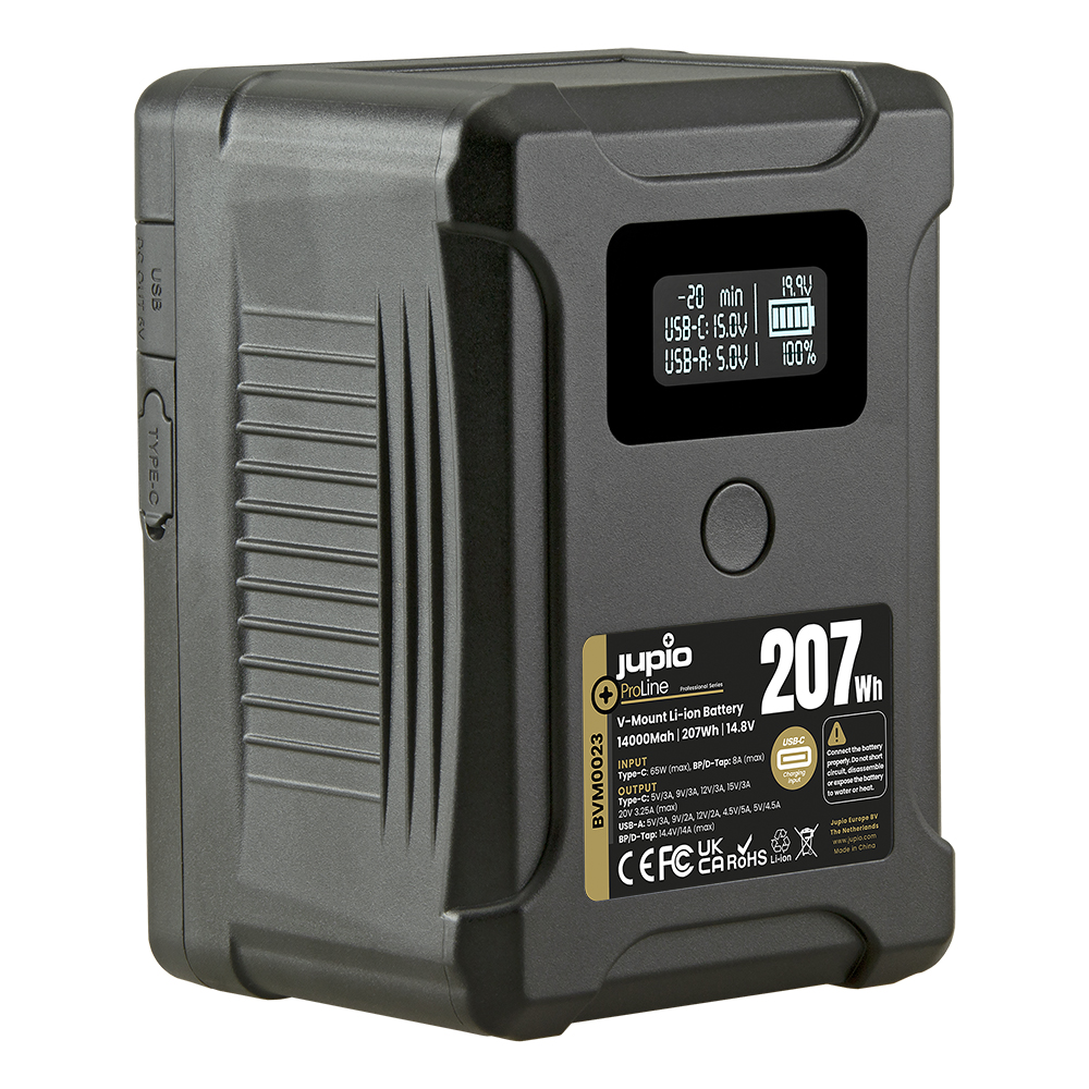 Jupio *ProLine* Extreme 207 V-Mount battery 14000mAh (207Wh) - LCD Display, USB-C PD 65W in/output, D-Tap in/output and USB-A output.