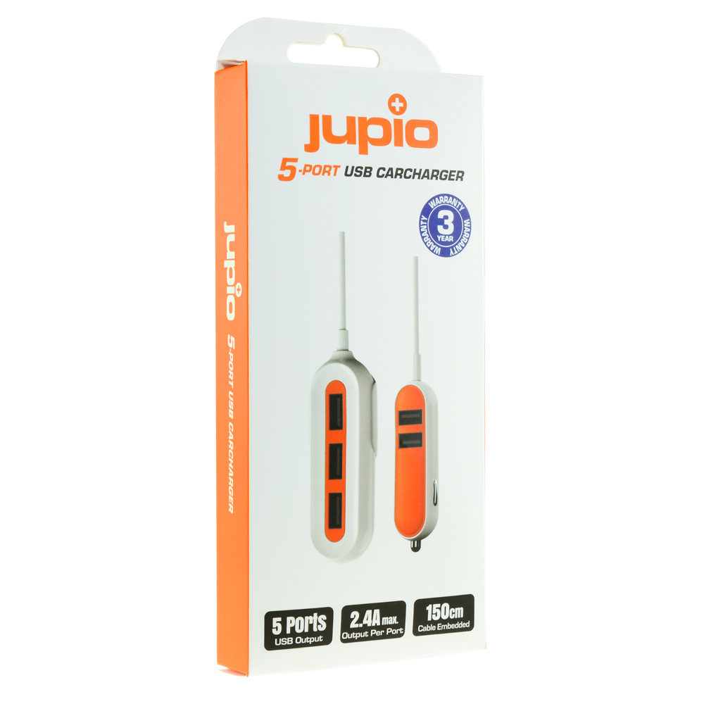 Jupio 5 Port USB Car Charger (2 front, 3 back) - 12V 5x 2.4A USB
