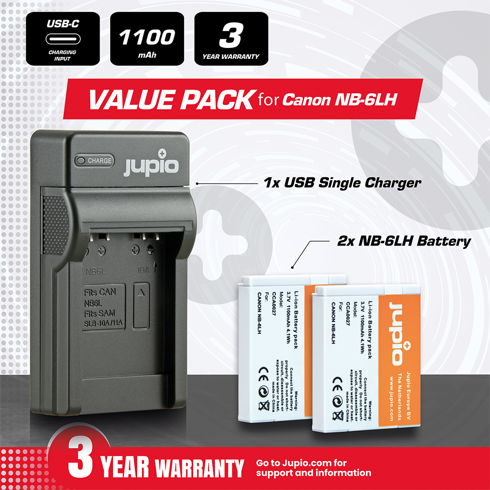 Jupio Value Pack: 2x Battery NB-6LH + USB Single Charger
