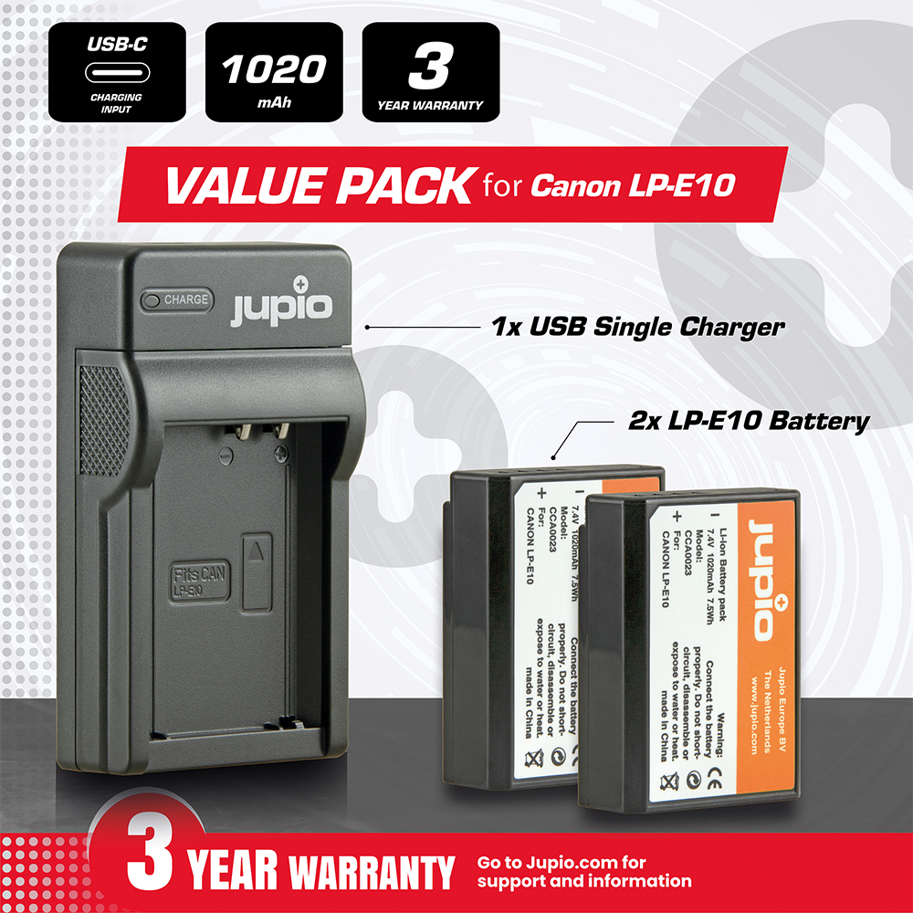 Jupio Value Pack: 2x Battery LP-E10 + USB Single Charger