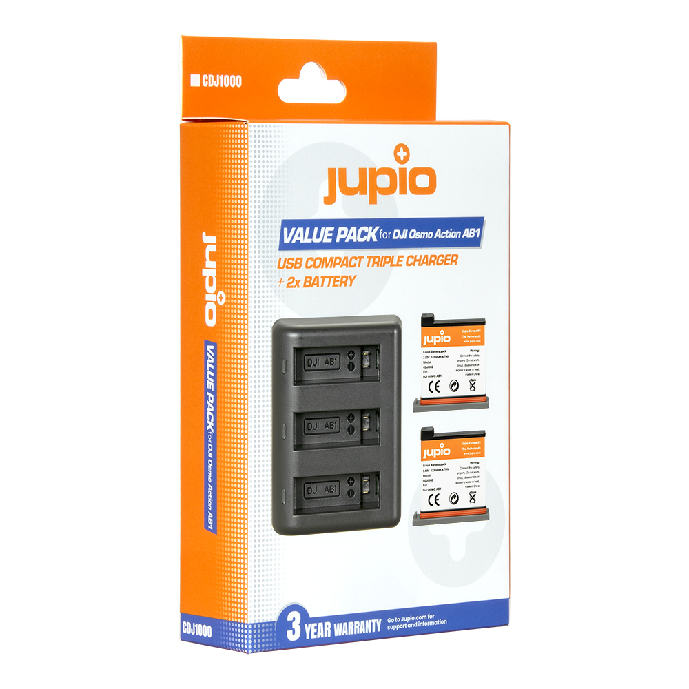 Jupio Value Pack: 2x Battery DJI Osmo Action AB1 1220mAh + Compact USB Triple Charger