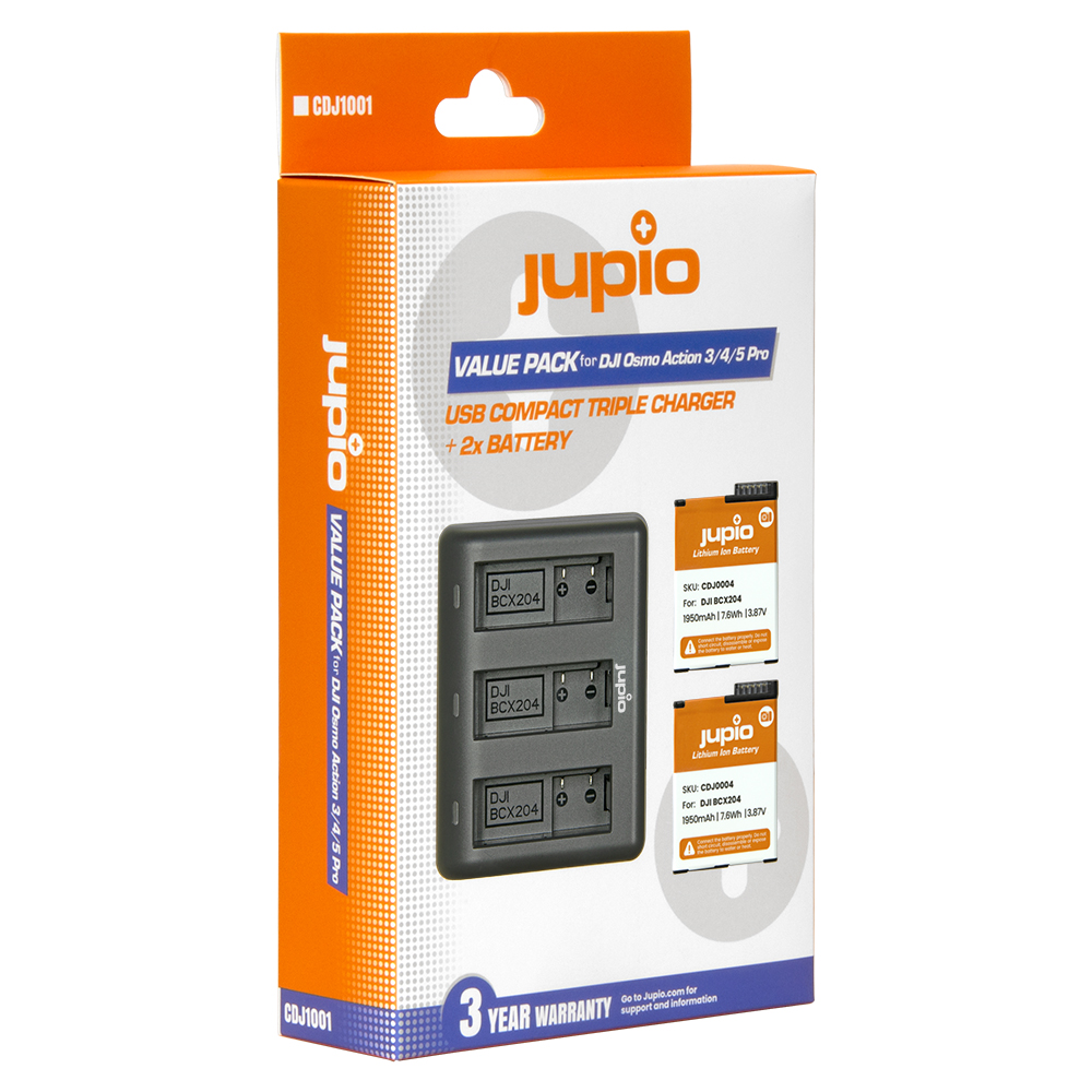 Jupio Value Pack: 2x Battery DJI Osmo Action 3/4/5 Pro 1950mAh + Compact USB Triple Charger