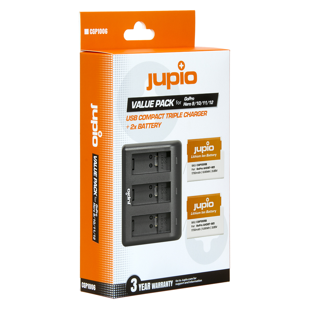 Jupio Value Pack: 2x Enduro Battery GoPro HERO 9 | HERO 10 | HERO 11 | HERO 12 - SPBL1B/AHDBT-901 1730mAh + Compact USB Triple Charger