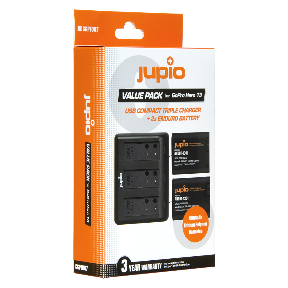 Jupio Value Pack: 2x Enduro Battery GoPro HERO 13 - AHDBT-1301 / CPSS1B 1900mAh + Compact USB Triple Charger