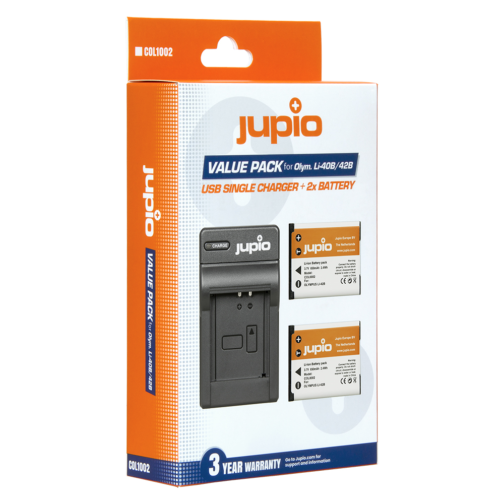 Jupio Value Pack: 2x Battery Li-40B/Li-42B/NP45/D-Li63/EN-EL10 + USB Single Charger