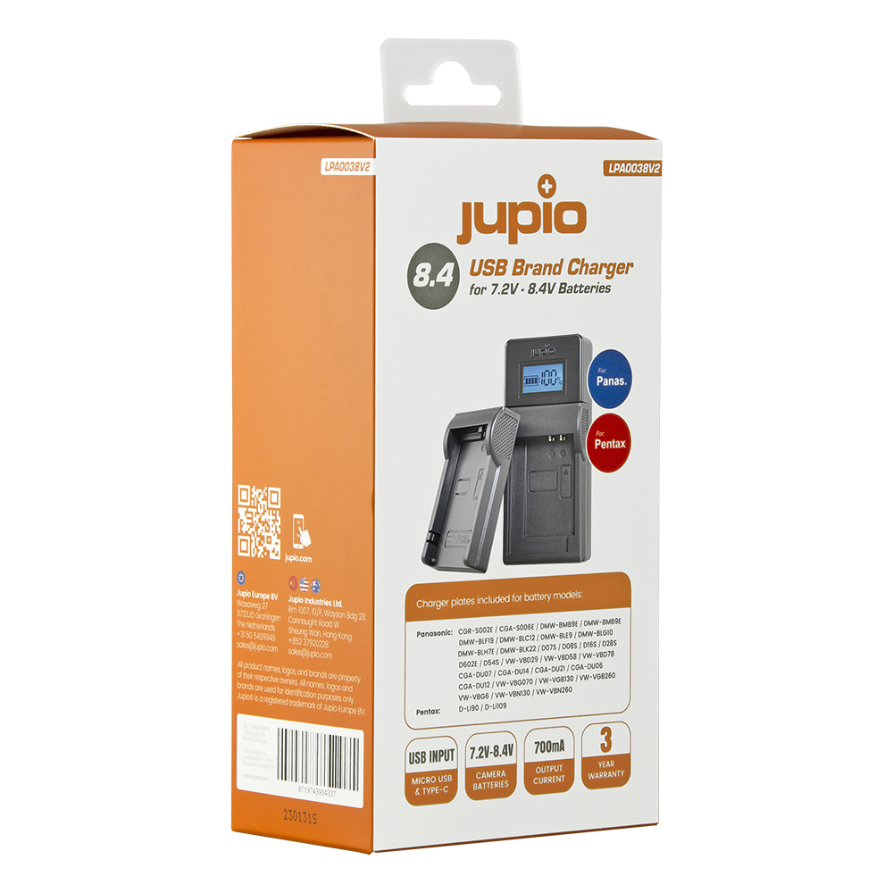 Jupio USB Brand Charger for Panasonic/Pentax 7.2V-8.4V batteries