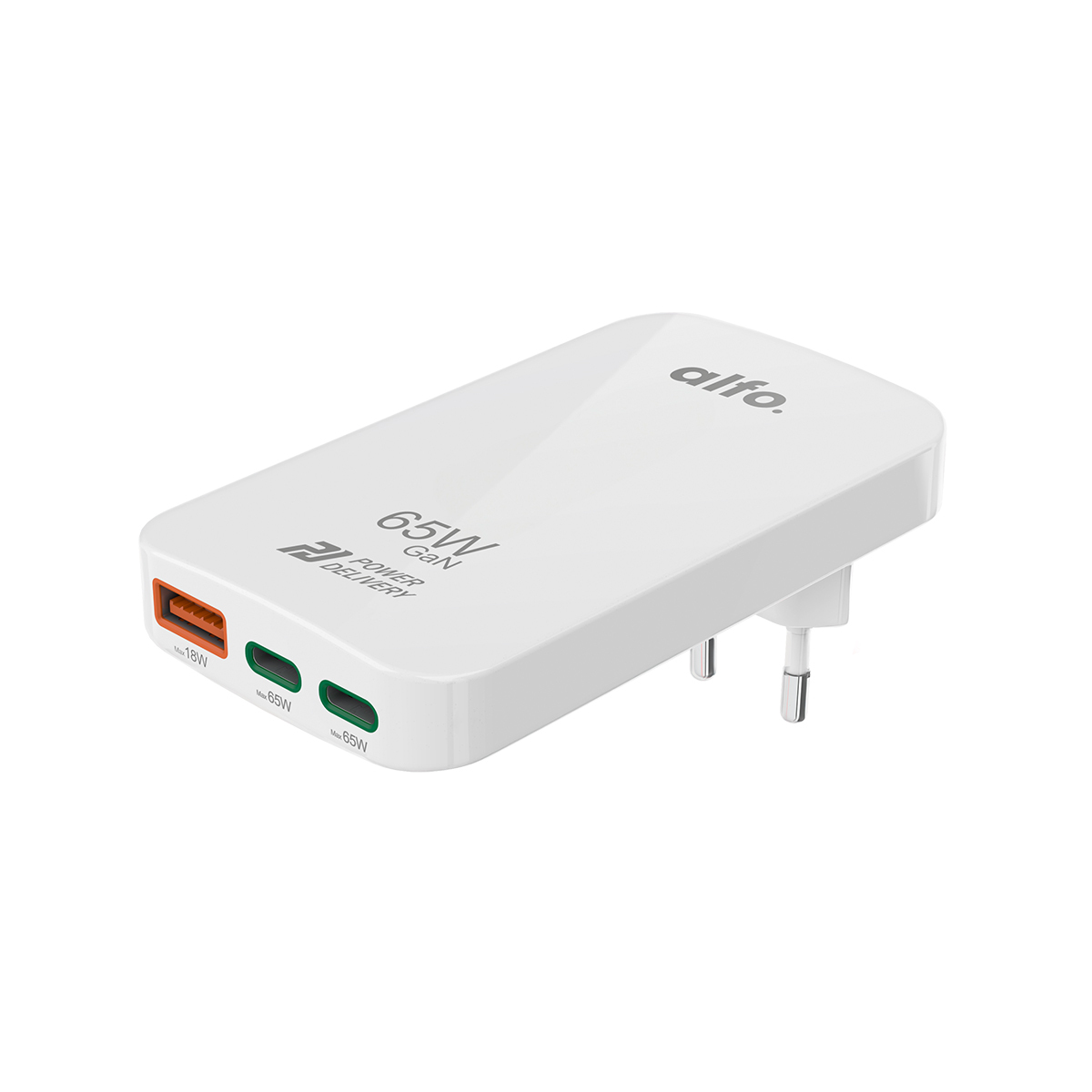 alfo. Snellader 65 W PD, 2x USB-C, 1x USB-A, platte mini-oplader